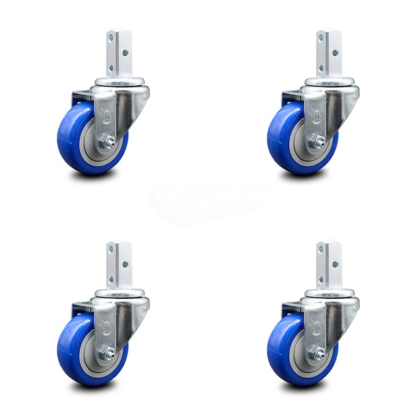 3 Inch Blue Polyurethane Wheel Swivel 7/8 Inch Square Stem Caster Set SCC